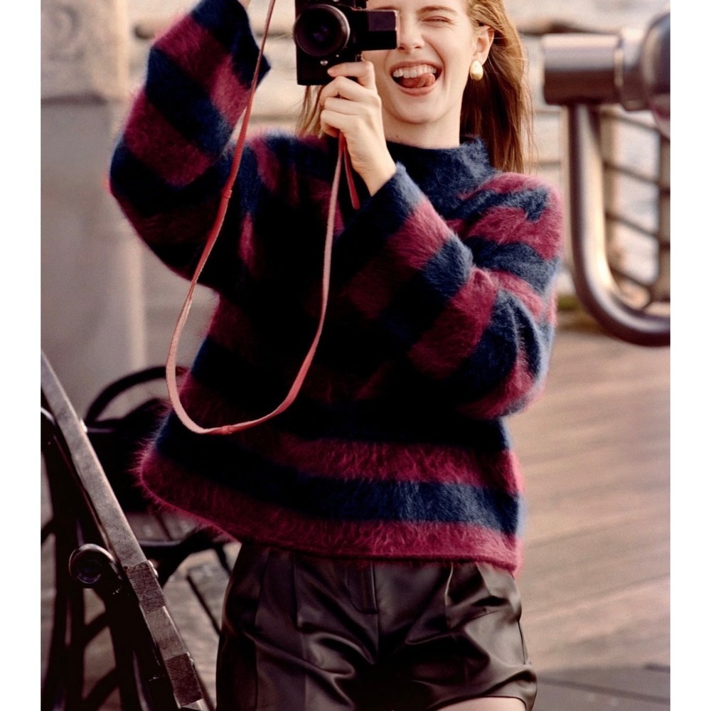 J.Crew Brushed Cashmere Rollneck Sweater Navy Burgundy Stripe CO329 Women M NWOT - Picture 12 of 14